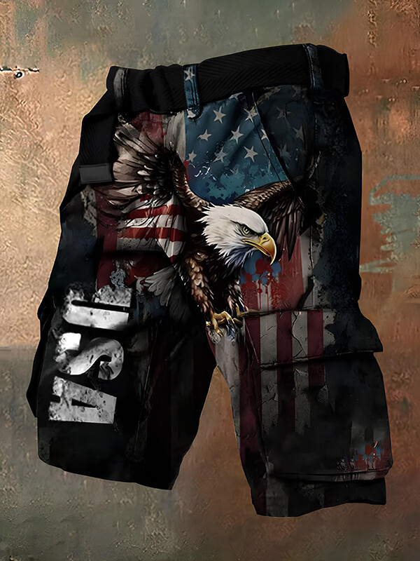 Men's 250 Years Anniversary USA Flag Eagle Print Denim-Like Cargo Shorts