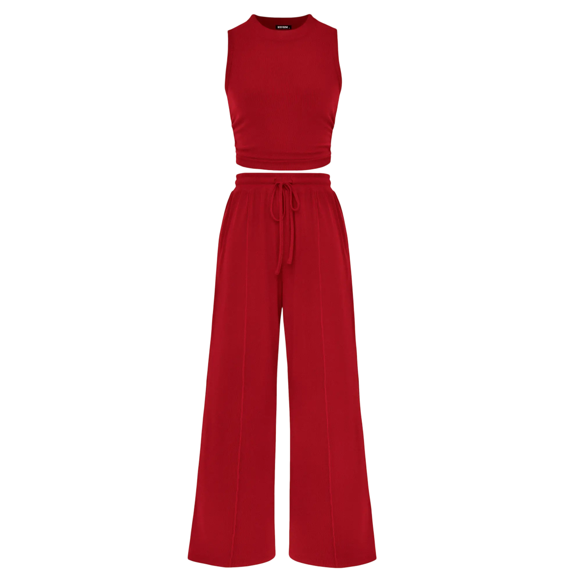 Women's Summer Two-Piece Set — Ribbed Knit Crew Neck Sleeveless Cropped Top