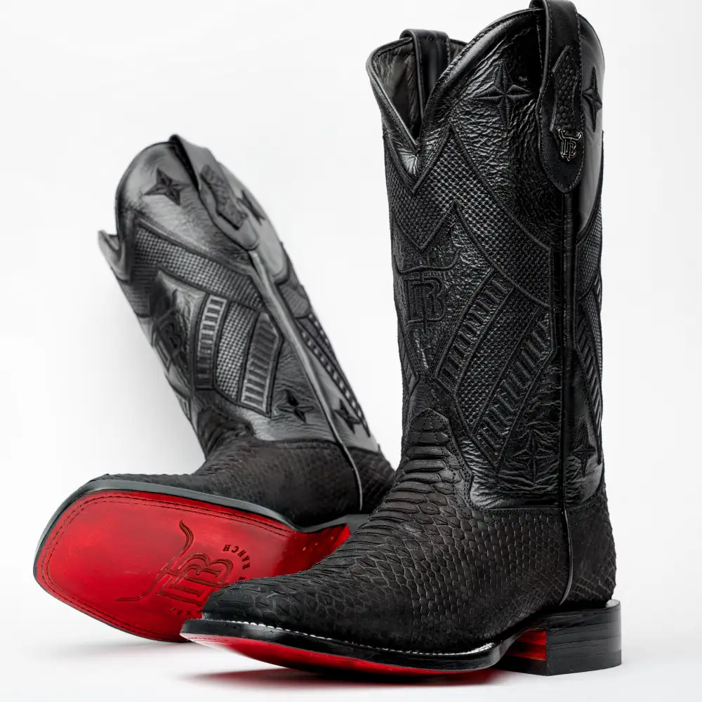 Matte Black Python Leather Boots - Square Toe