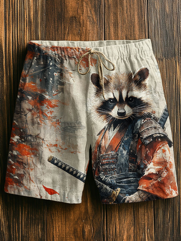 Men's Raccoon Warrior Watercolor Art Printed Casual Shorts