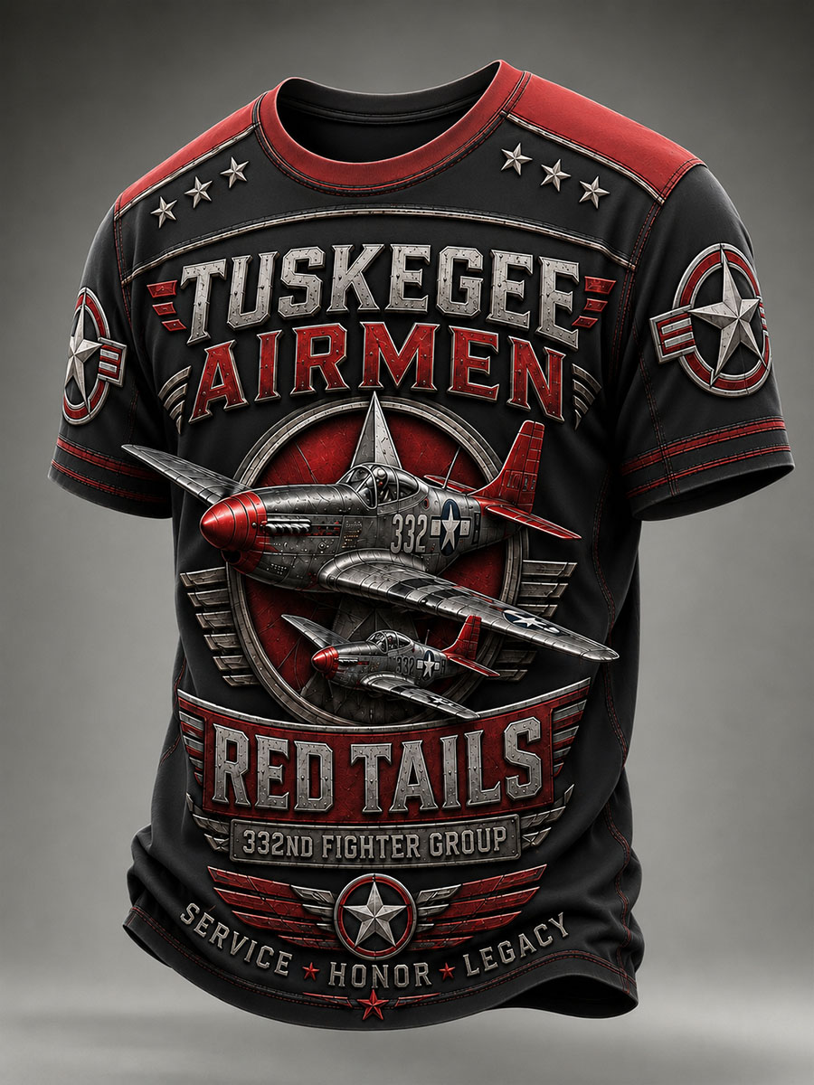 Tuskegee Airmen Red Tails Men’s Black Red Vintage Fighter Plane Graphic T-Shirt