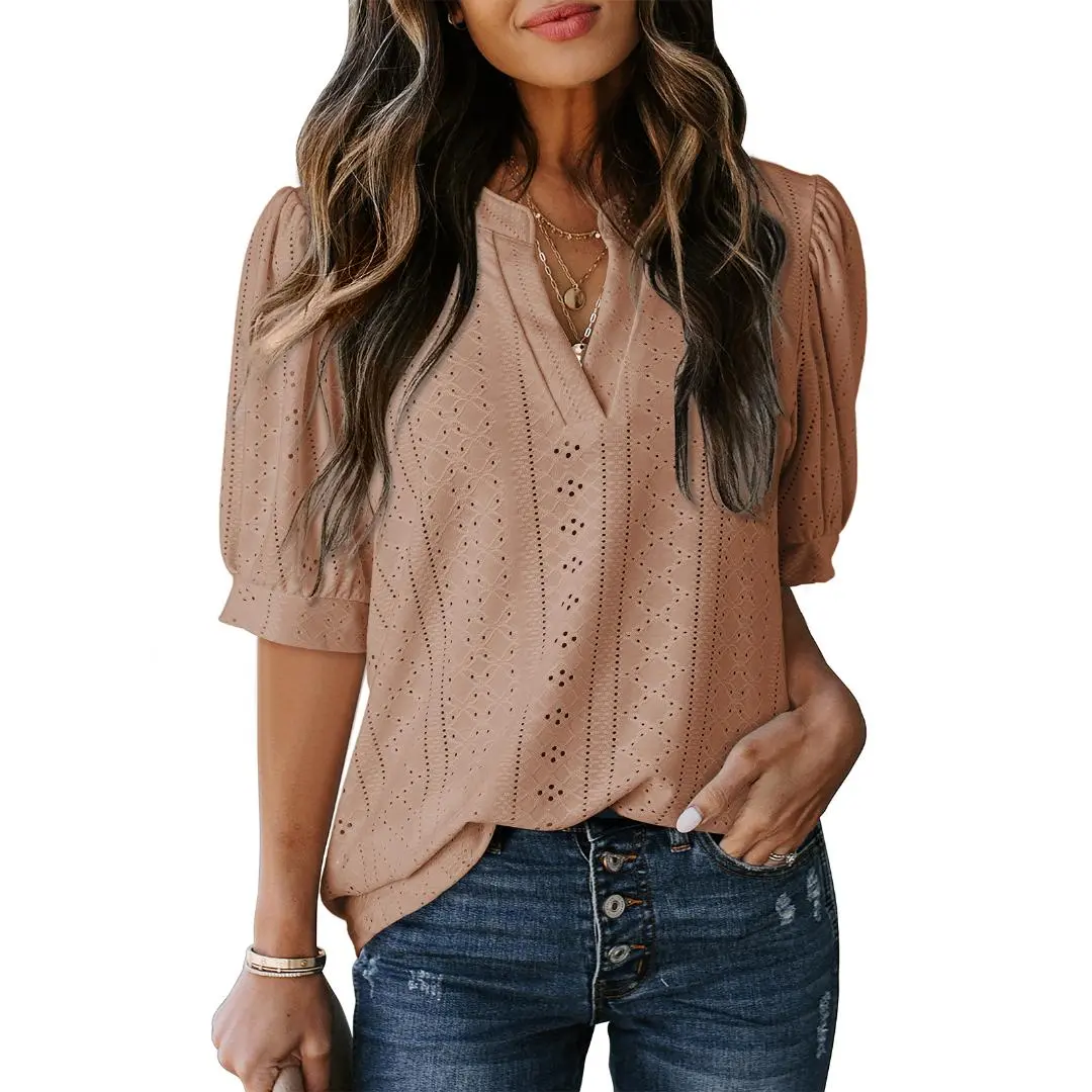 Women's Summer Business Casual Blouses V Neck Short Sleeve Shirts Hollow Out Cute Lace Tops Loose Fit Breathable Fabric