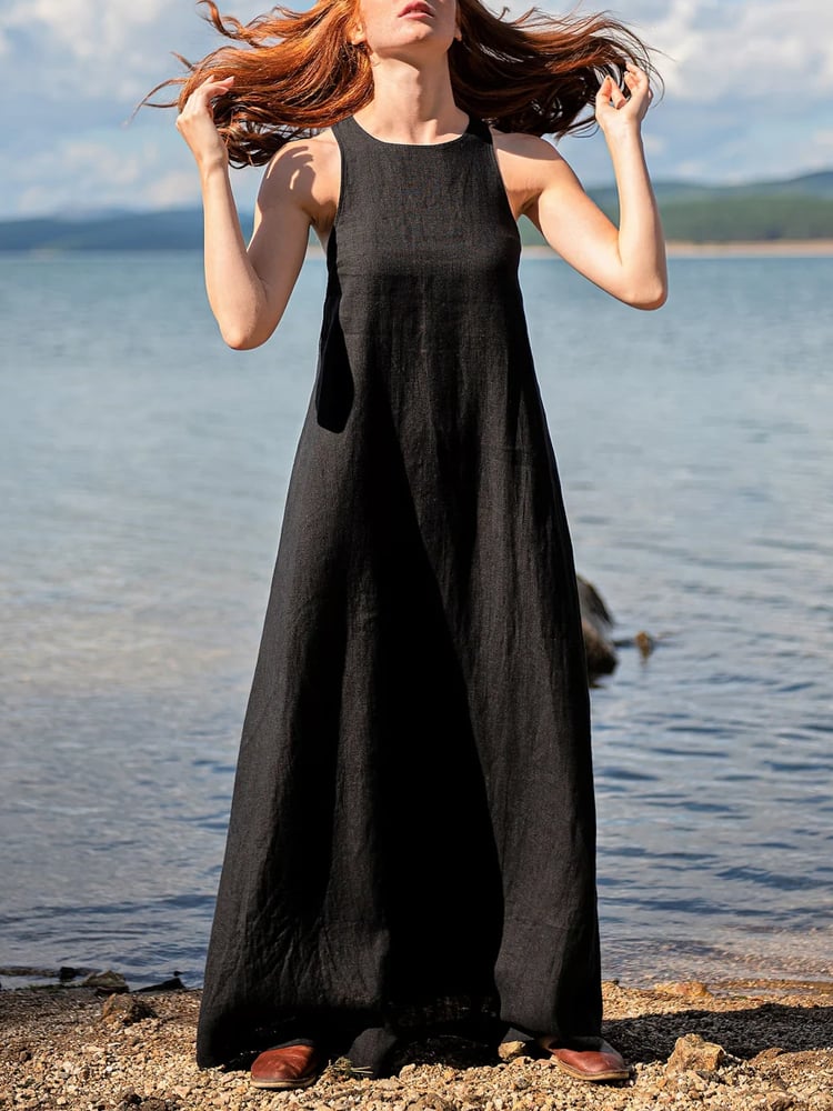 Women's Casual Solid Color Sleeveless Linen Long Dress  4544