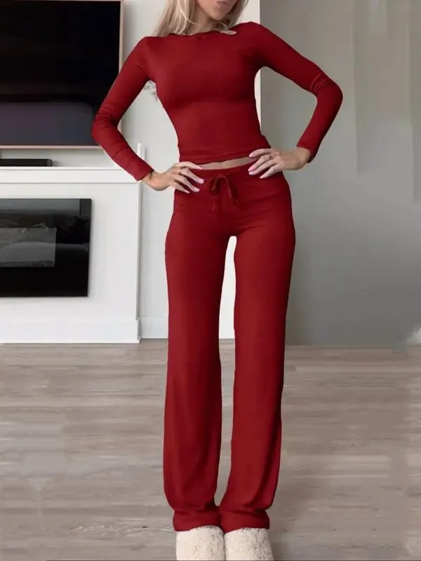 Two-Piece Set Women's Solid Color Long Sleeve Crop Tee & High-Waisted Drawstring Pants Set