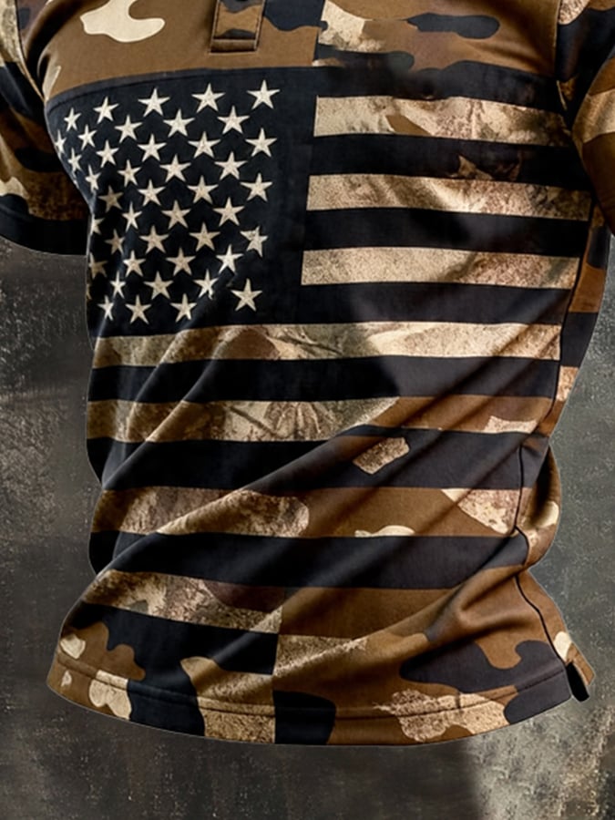 Men's Retro Patriotic Color-Block Short-Sleeve Polo Shirt