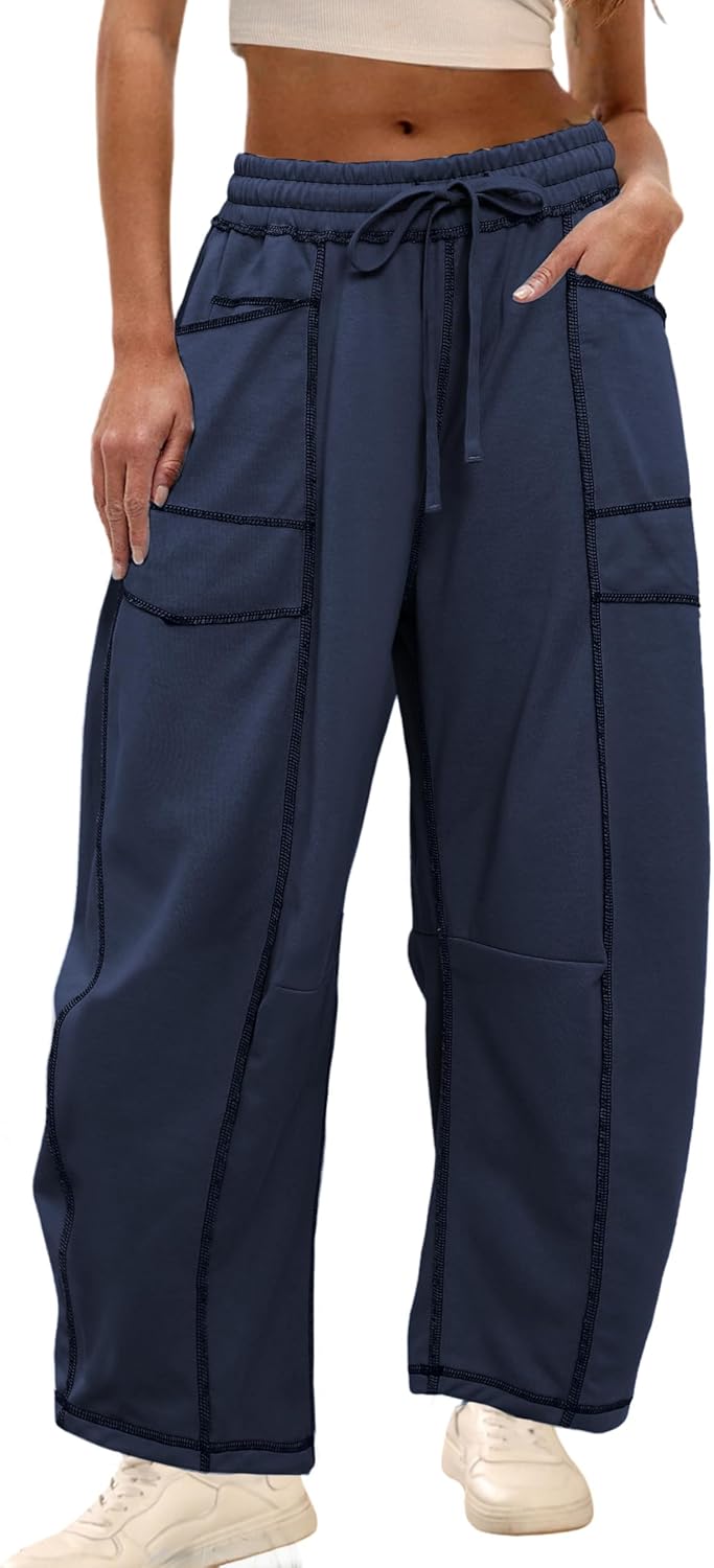 Womens Baggy Barrel Pants Wide Leg Lounge Drawstring Sweatpants with Pockets