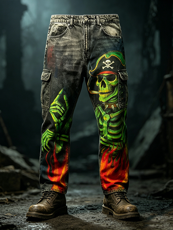 Men's Skeleton Pirate Flame Dark Art Print Casual Cargo Pants