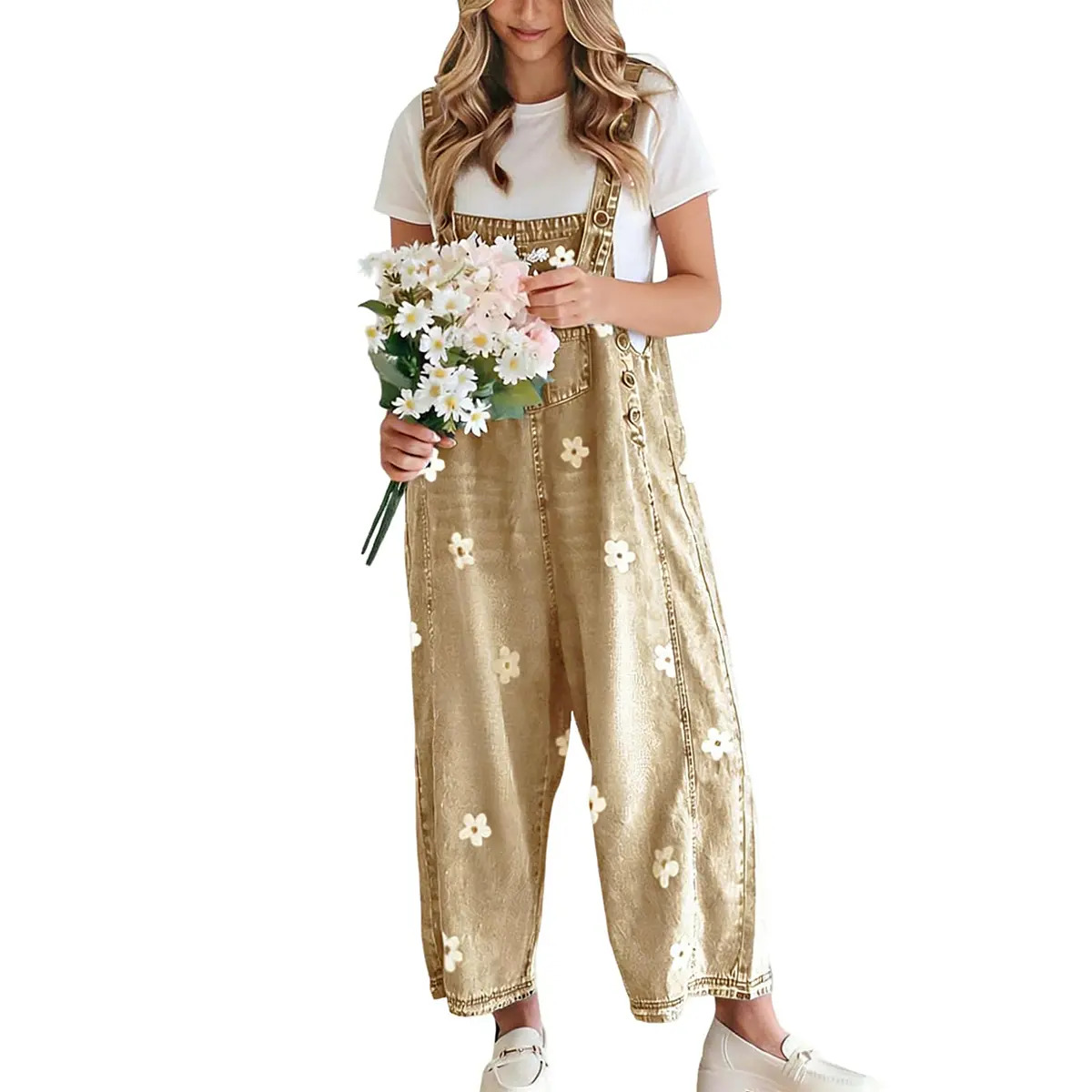 Women's Floral Printed Adjustable Strap Denim Bib Overall