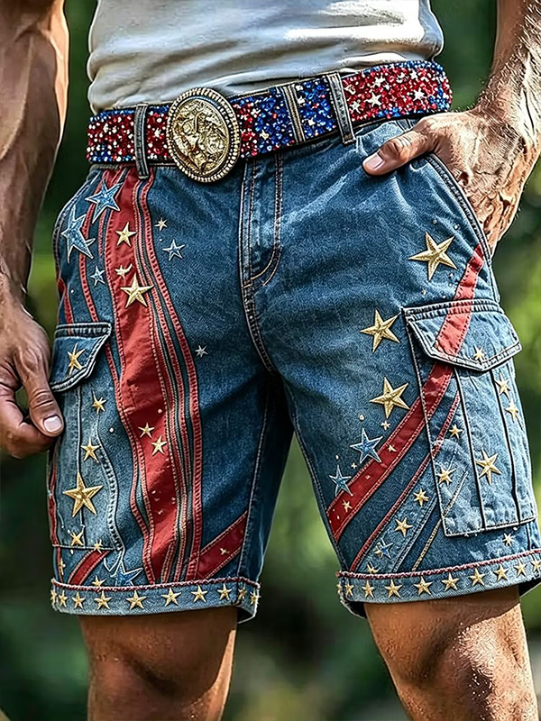 Men's American Flag Star Art Print Casual Shorts