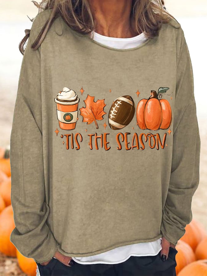 Women's TIS THE SEASON football latte leaves Pumpkin Fall T-Shirt