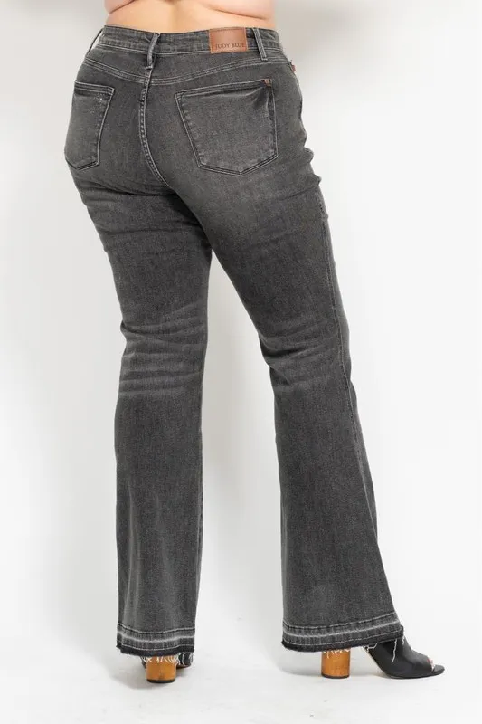 Blue Full Size Midi Rise Tummy Control Washed Gray Release Hem Flare Jeans Plus Size