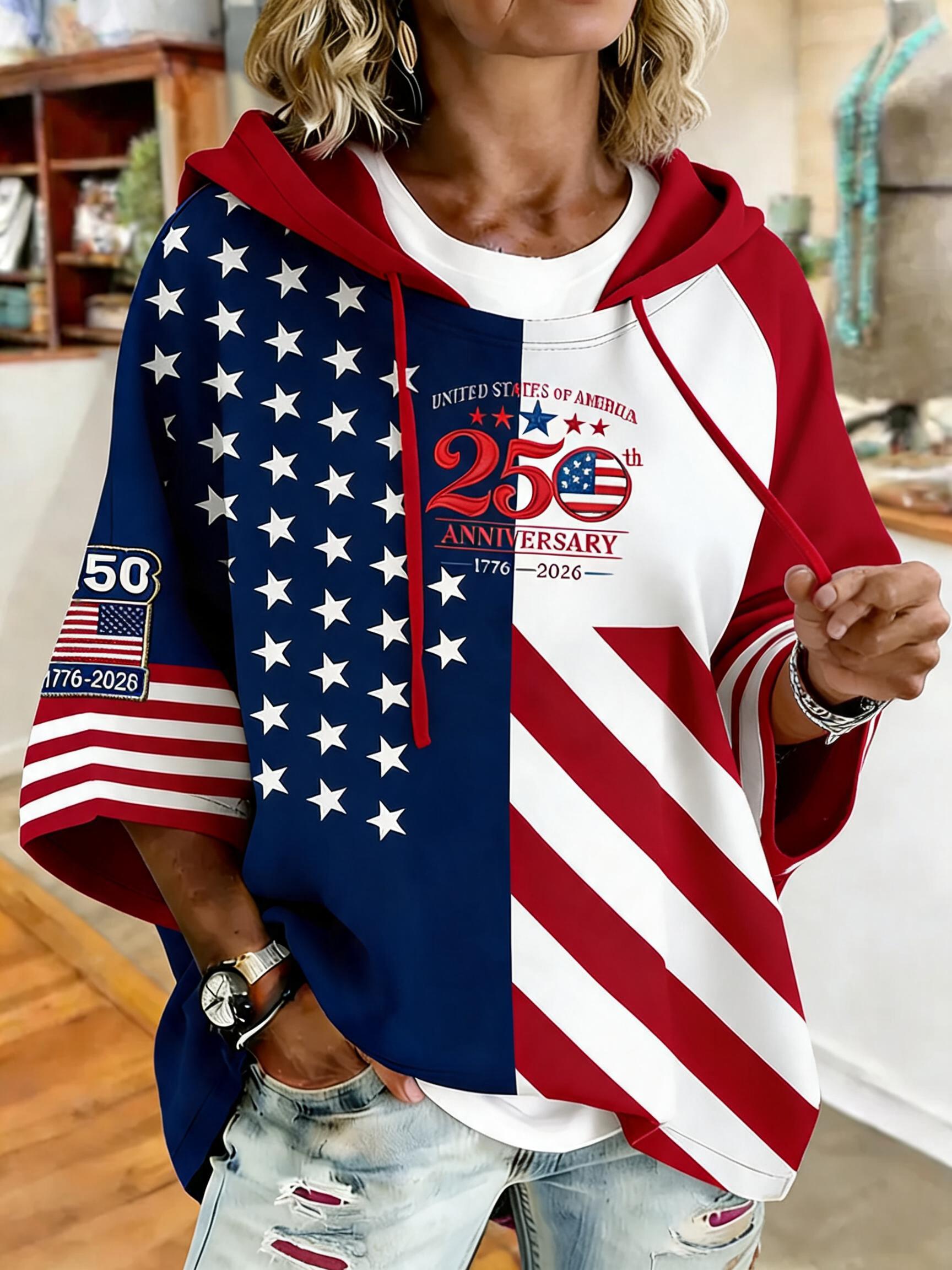 Women's Patriotic 1776-2026 Star Stripe Oversized Hoodie