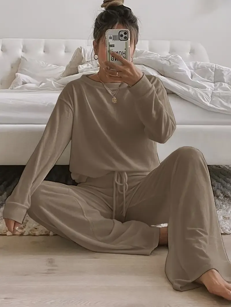 Women's Solid Casual Lounge Set, Long Sleeve Round Neck Top & Elastic Drawstring Pants, Comfortable Relaxed Fit For Fall