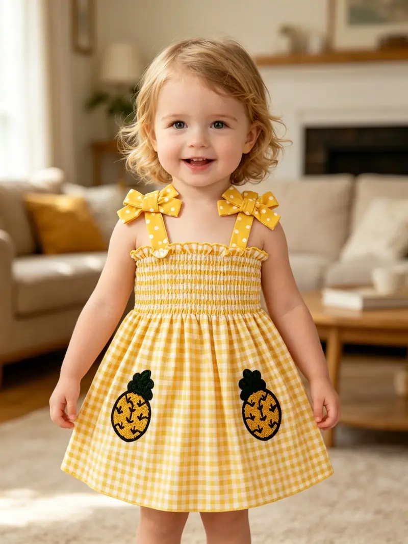 🌞 Cute & Sweet Summer Set for Girls! Plaid & Fruit Prints, Bow Shoulder Straps, 4-Piece Versatile Kids' Outfit for Summer Fun! 👗🍉