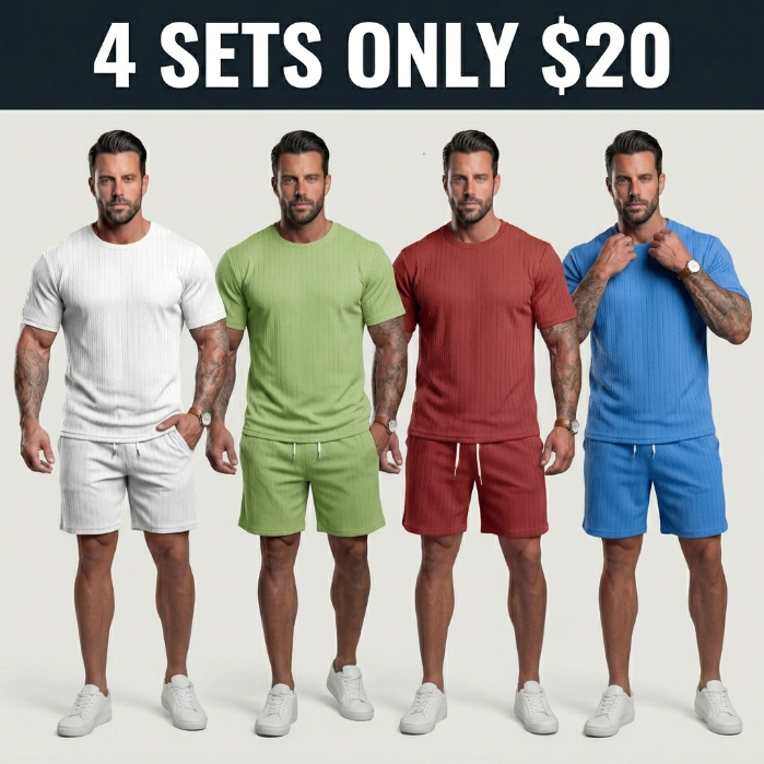Men's Solid Textured Drop Shoulder Short Sleeve Tee & Drawstring Waist Shorts Set