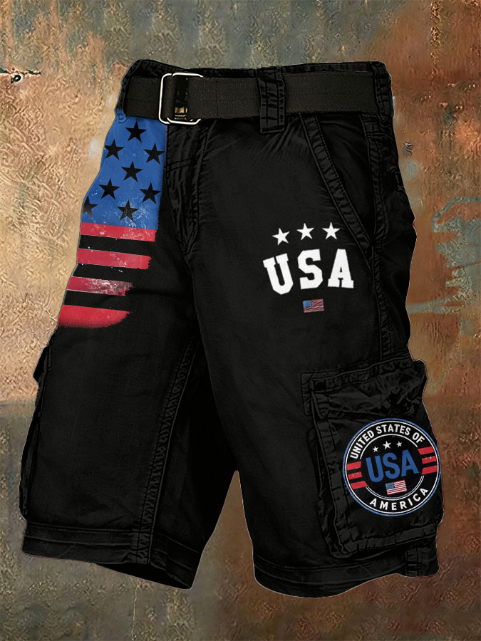 Men'S Retro American Flag Independence Day Multi Pocket Printed Workwear Shorts (Without Waistband)