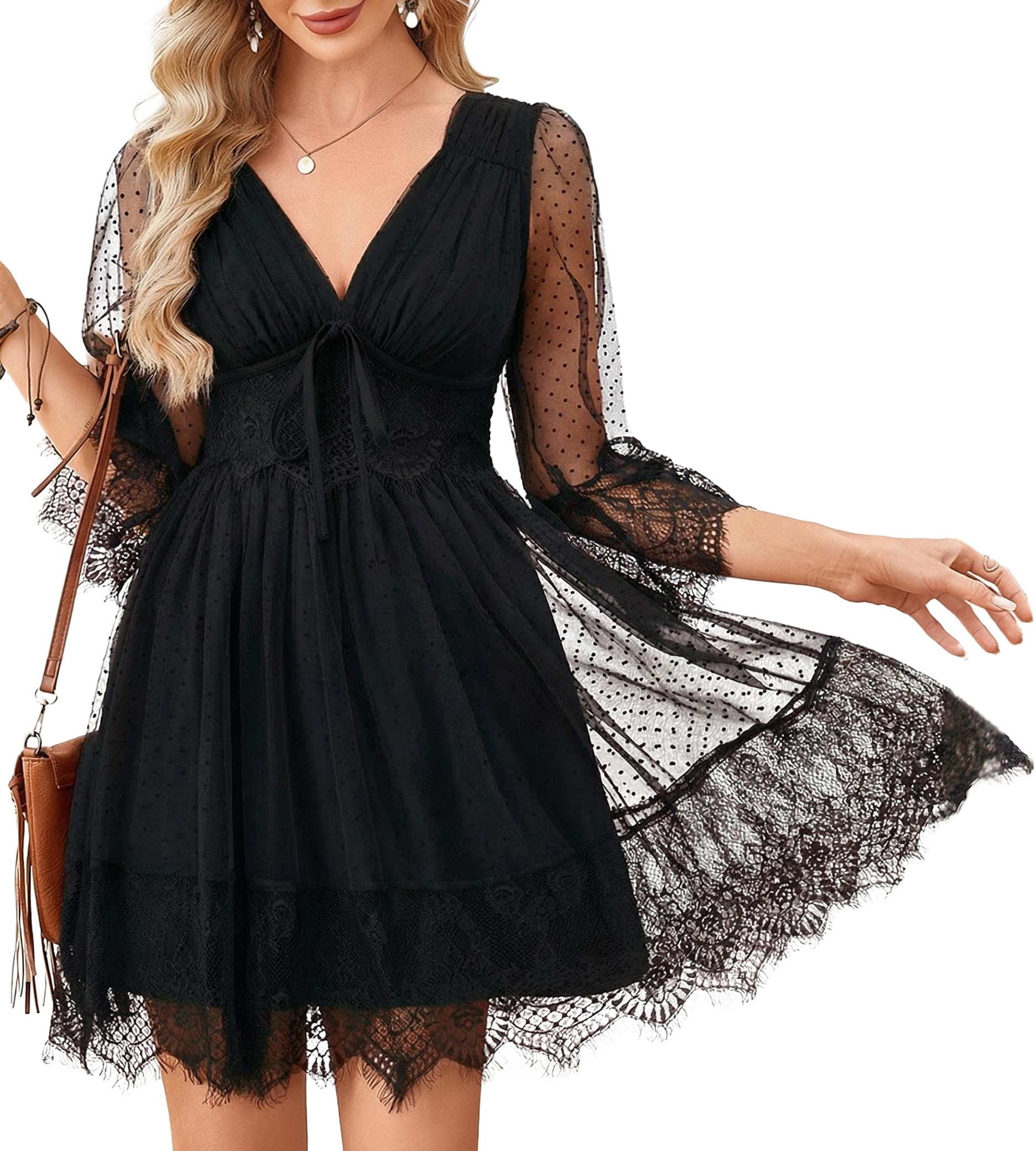 Boho Lace Deep V Bow Tie Mini Dress