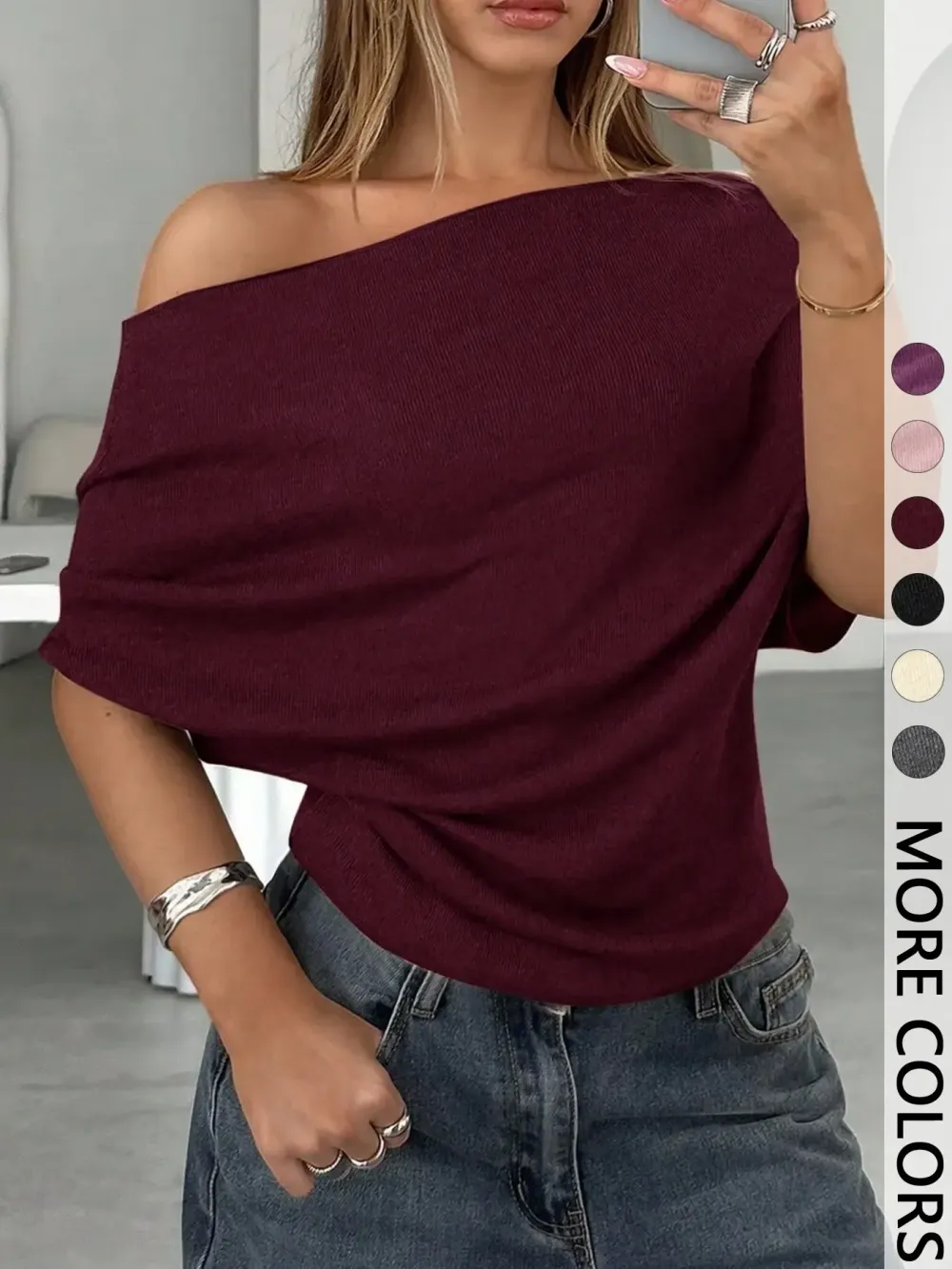 Women's Summer/Autumn Solid-Color Asymmetrical Off-Shoulder Batwing-Sleeve Knit T-Shirt