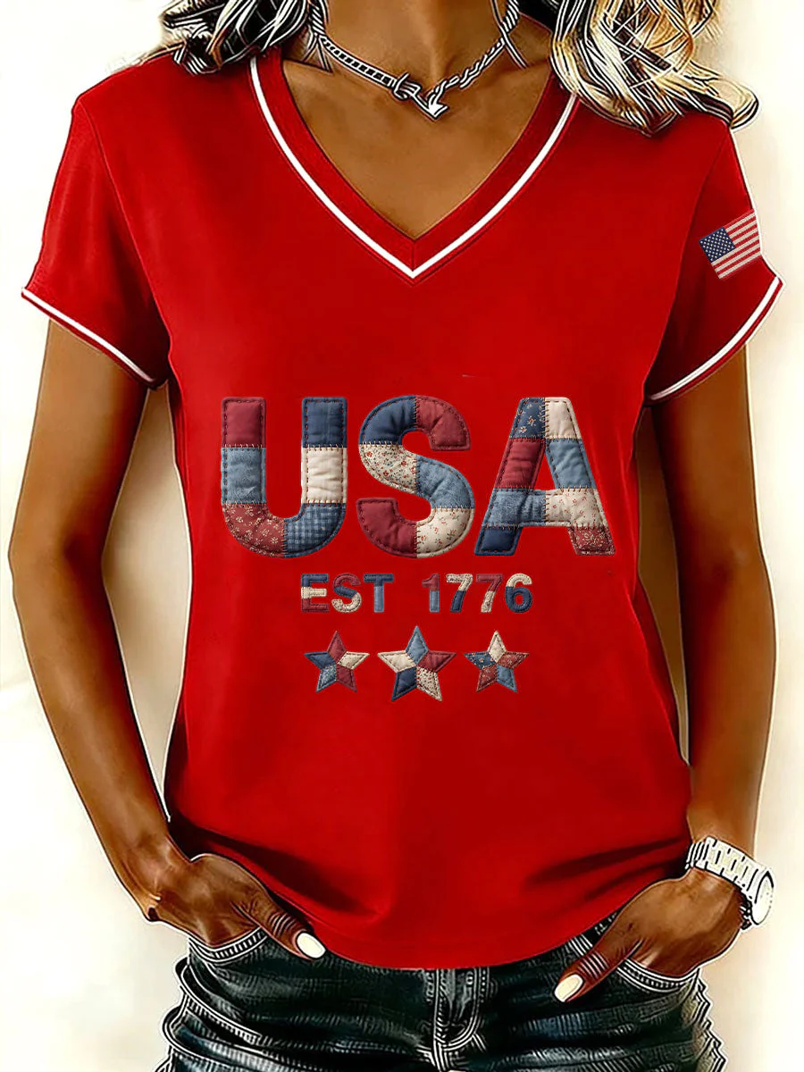 Vintage Patchwork USA EST 1776 Star Logo V-Neck T-Shirt