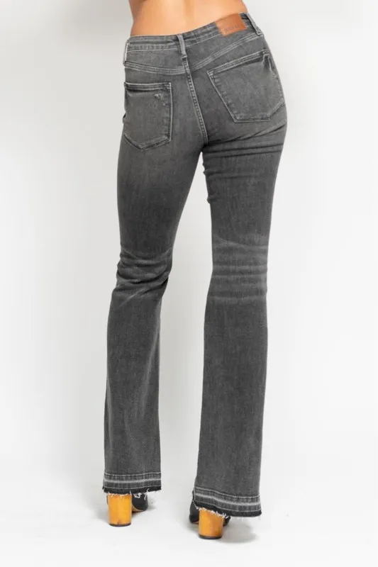 Blue Full Size Midi Rise Tummy Control Washed Gray Release Hem Flare Jeans Plus Size
