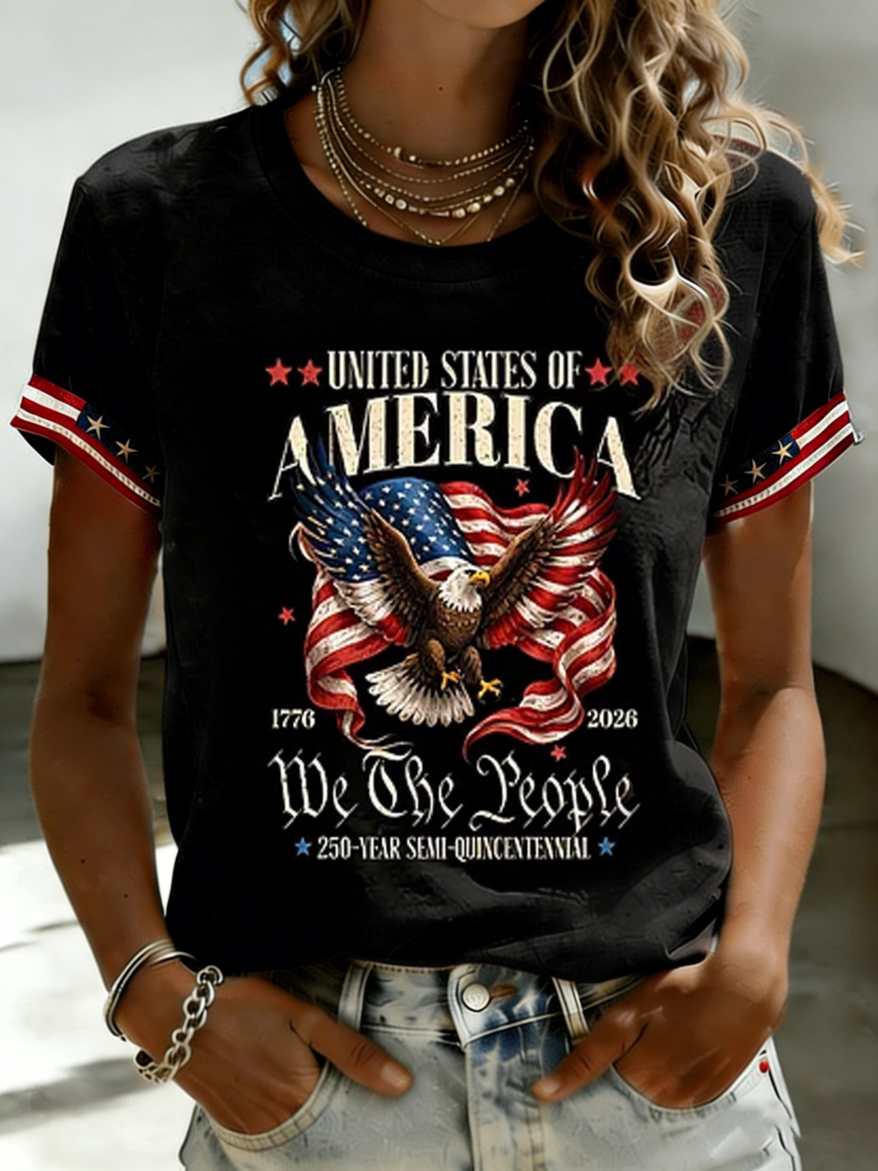 Women's Casual American 250th Anniversary Printed Short-Sleeve T-Shirt
