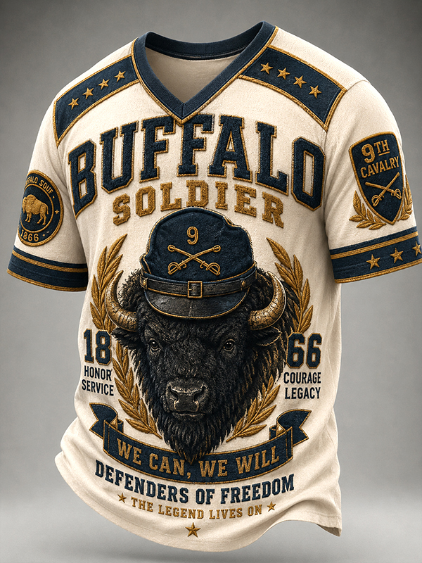 Men's Retro Western Buffalo Soldier Print V Neck T-Shirt