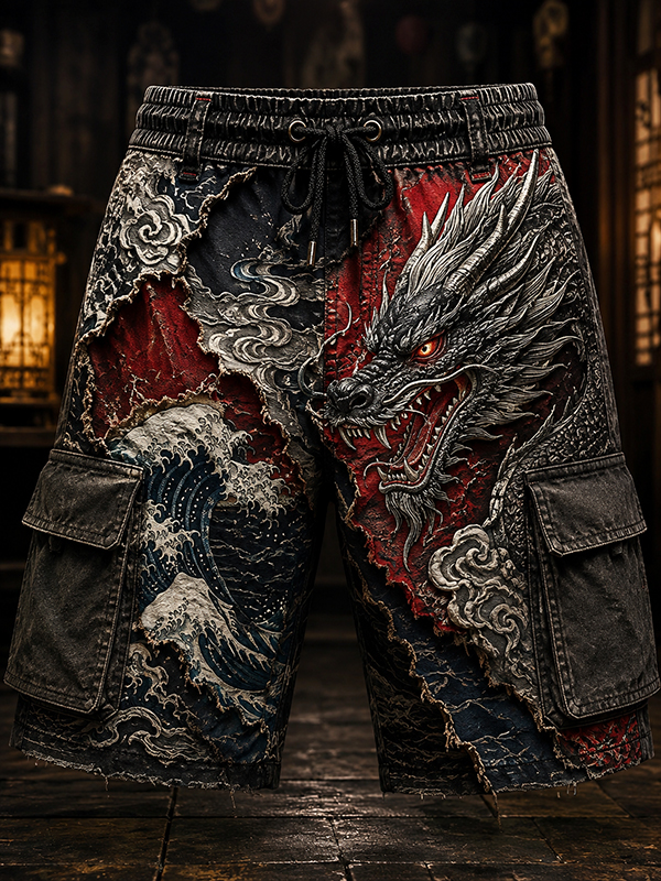 Men's Dragons And Waves Japanese Art Print Drawstring Waist Casual Shorts