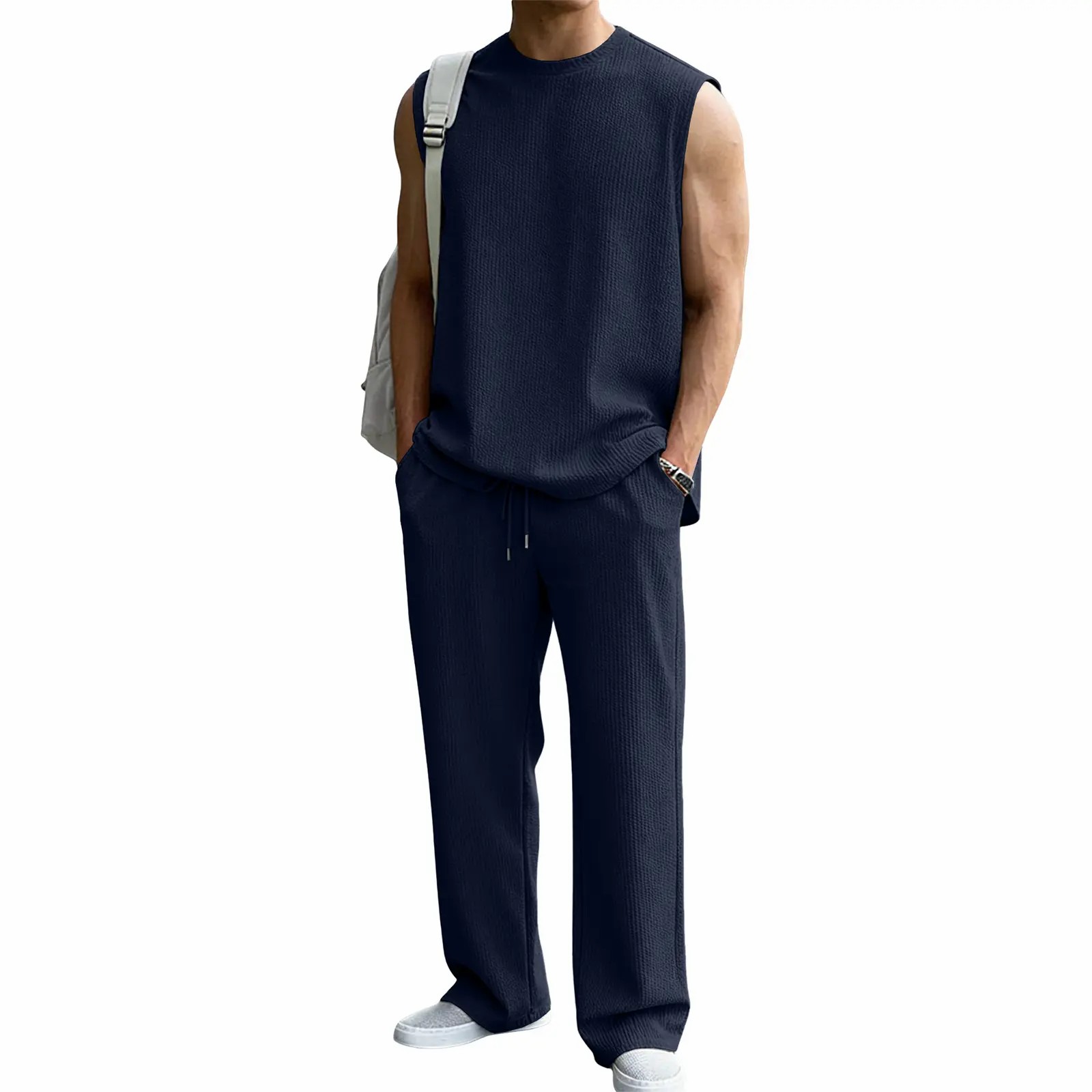 Men’s 2-Piece Ribbed Knit Sleeveless Sweatsuit Set – Summer Baggy Fit Tank & Wide Leg Pants