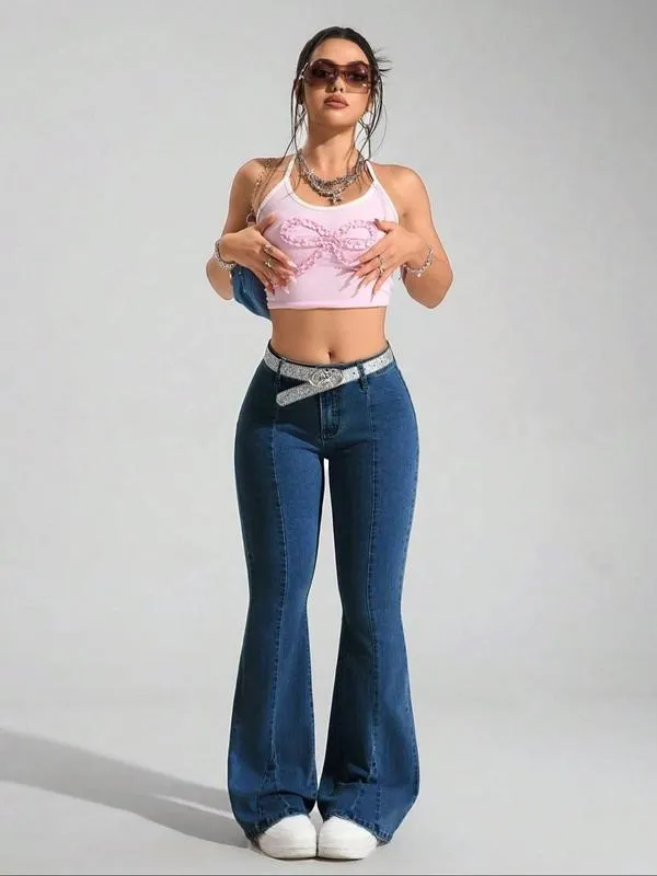 Women's Blue Washed Denim Flare Pants, Fashionable Comfortable Versatile Elastic Jeans