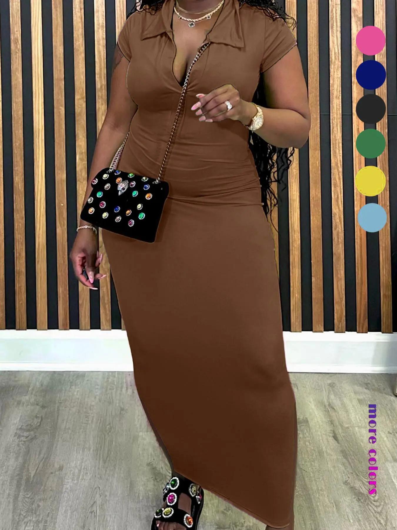 Women's Plain Collar Bodycon Dress, Solid Color Short Sleeve Long Dress, Ladies Clothes for All Seasons