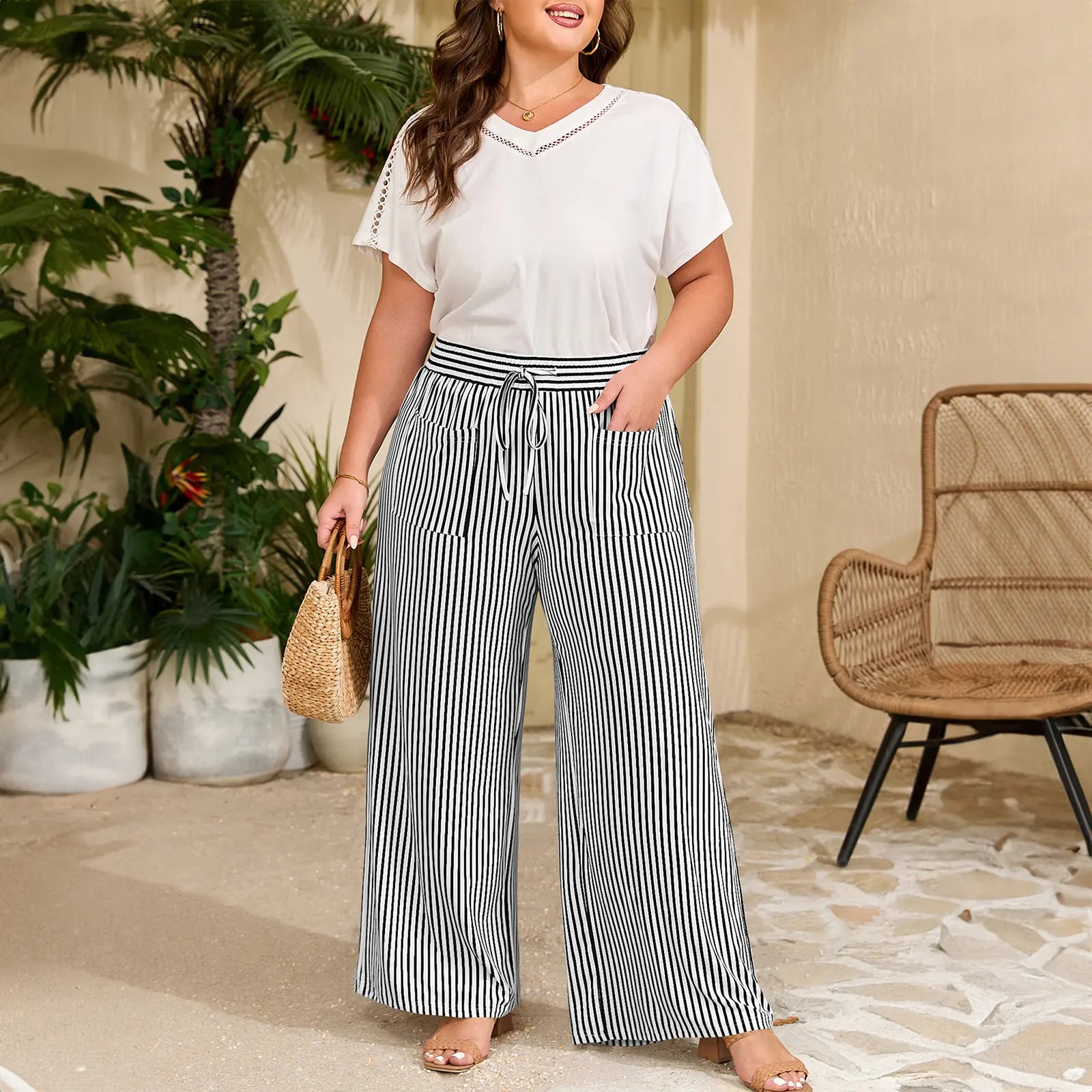 Women‘s Plus Size Wide Leg Pants Elastic High Waist Striped Casual Palazzo Pants Lounge Trouser with Pockets (1X-5X)
