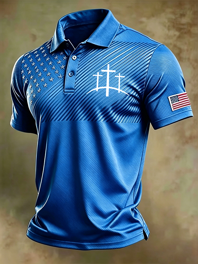 Men'S Retro National Flag And Cross Print Print Casual Polo Shirt