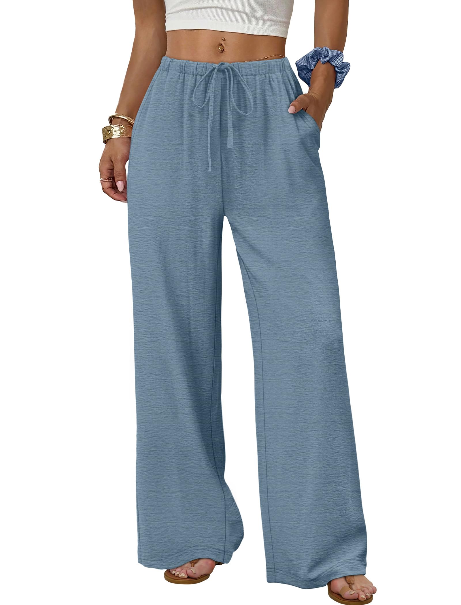 ✨ MAY SALE | Wide Leg Pants for Women Flowy Palazzo Drawstring Elastic Waist Trousers with Pockets-100% Cotton✨