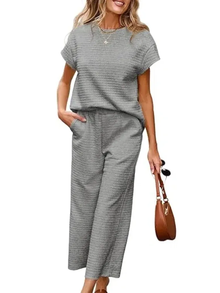Women's Casual Textured Tops and Wide Leg Pants Lounge Sets