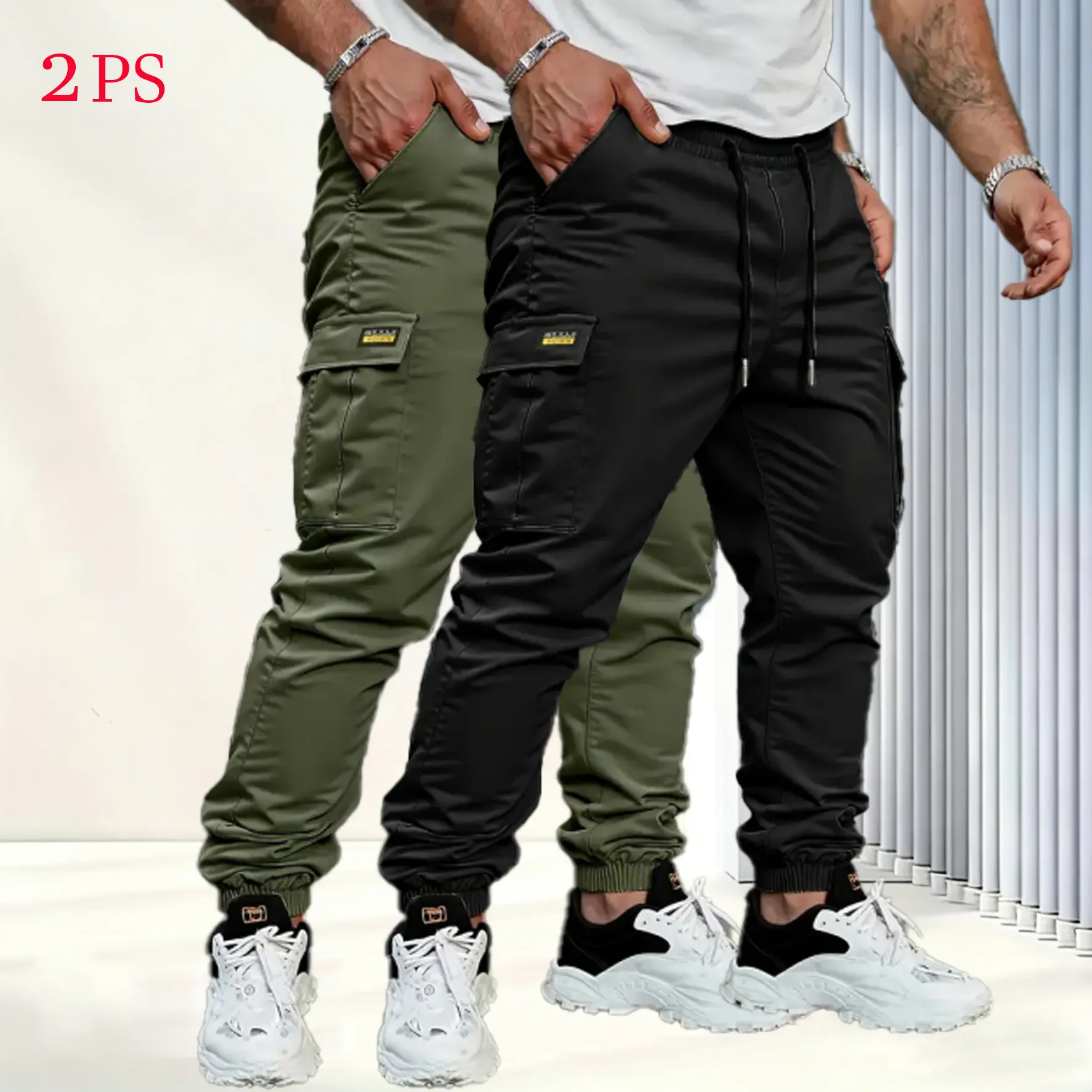 Men's solid color tactical work pants with multiple pockets and drawstring design