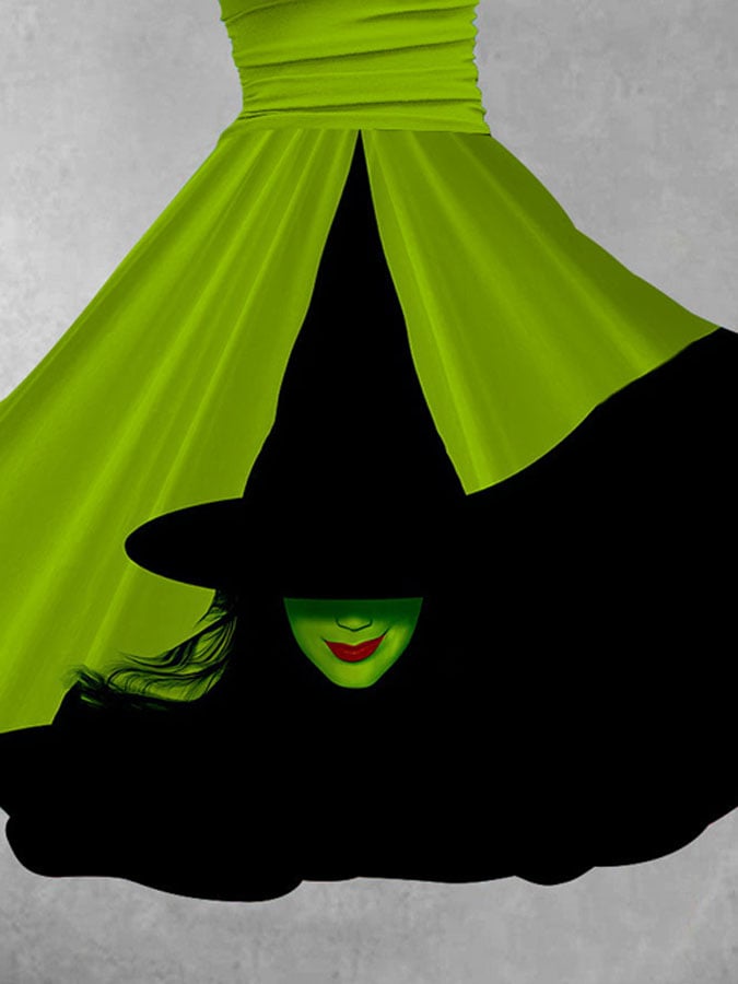 V Neck Retro Halloween Witch Print Maxi Dress