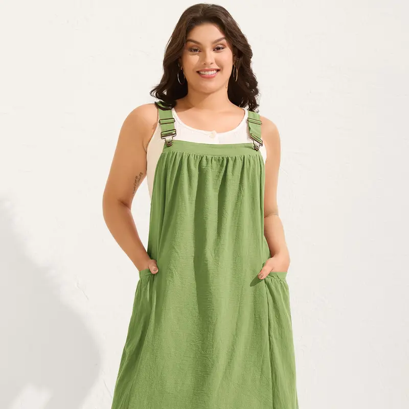 [M-6X] Cotton Pinafore Overall Dress Sleeveless with Square Neckline  Adjustable Strap and Pleated Pockets Breathable Midi Length Side Seam Plus Size Minimalist 2026 Summer Pick for Mother's Day