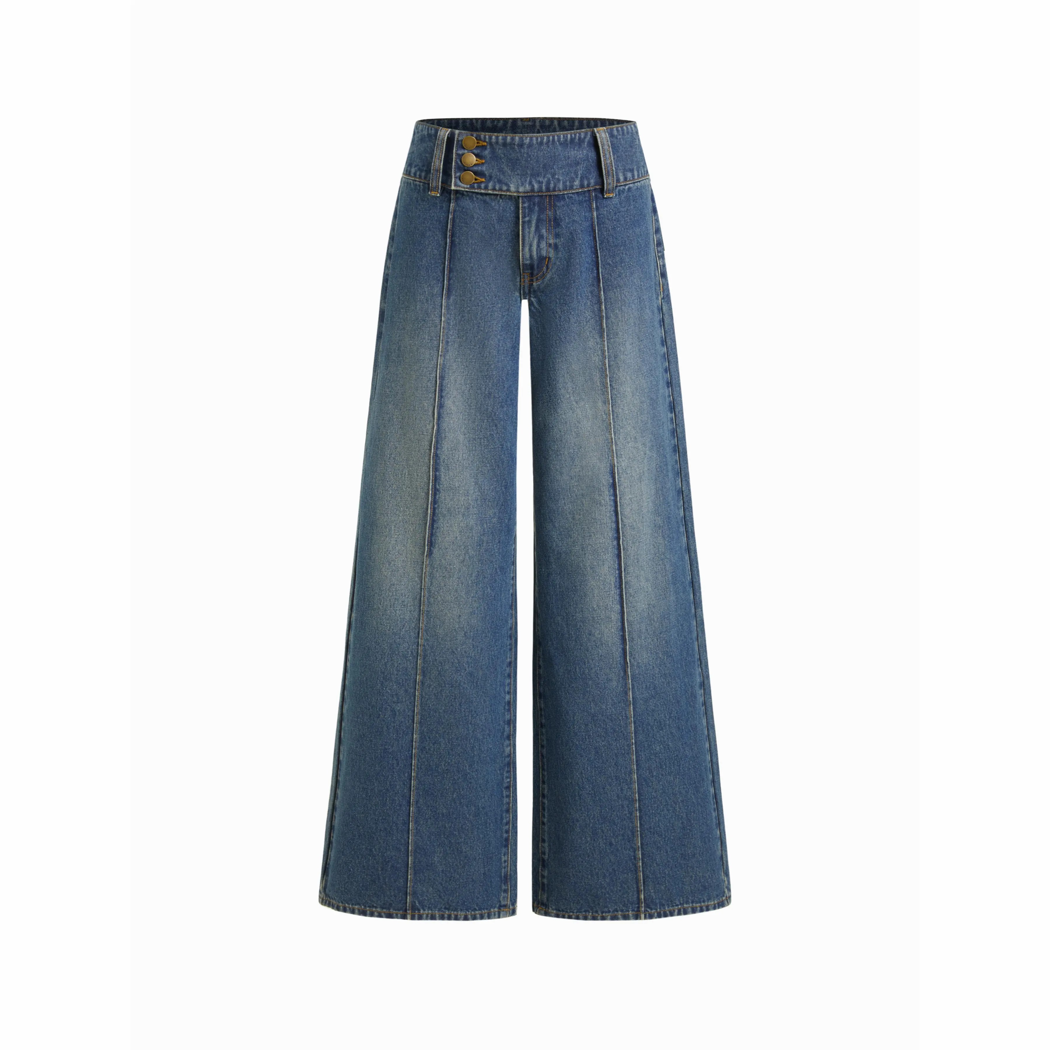 Women's Y2K Low Rise Wide Leg Jeans – 100% Cotton Triple Button Denim Trousers