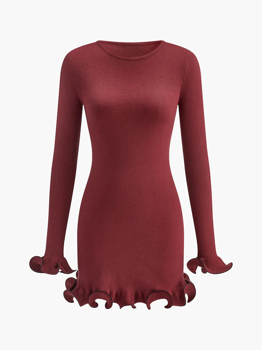 Women's Elegant Colorblock Wave Hem A-Line Long Sleeve Knit Dress, Fall & Winter Plain Pattern Tight-Fitting Casual