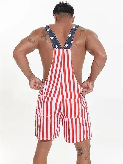 4th of July American Flag Overalls for Men and Women Unisex USA 250th Anniversary Shorts Stretchy Denim Romper Memorial Day Coveralls Patriotic Gifts Summer Wins Wear Independence Day Jumpsuits Fashion Father's Day BBQ Outdoor Menswear
