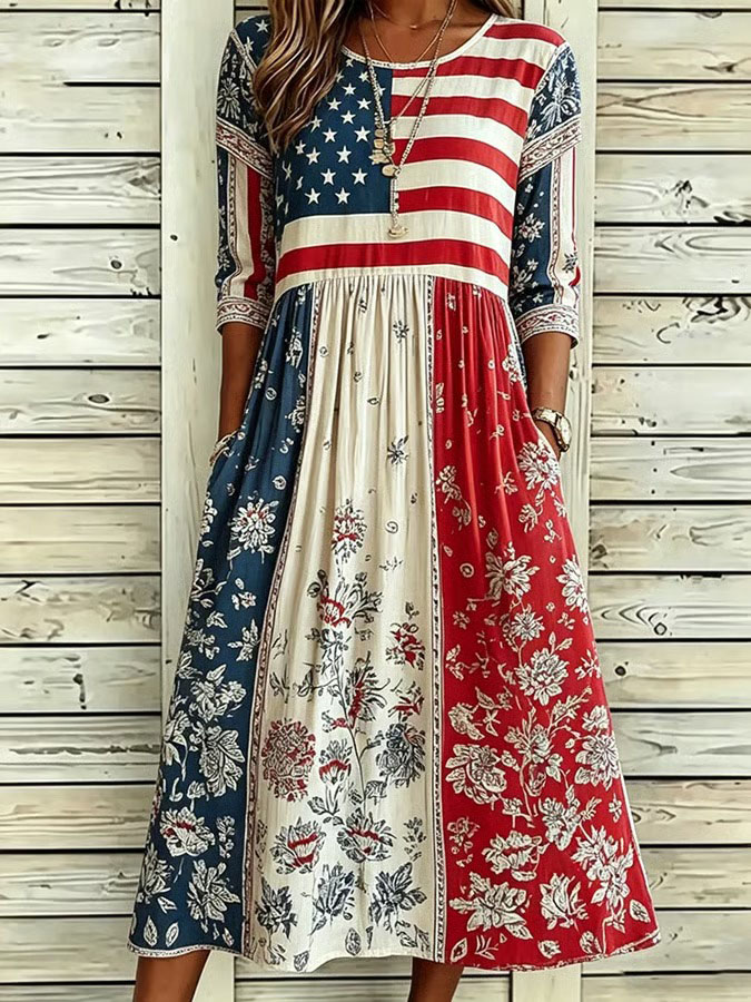 Women's Retro American Anniversary Flower Art Printed Dress