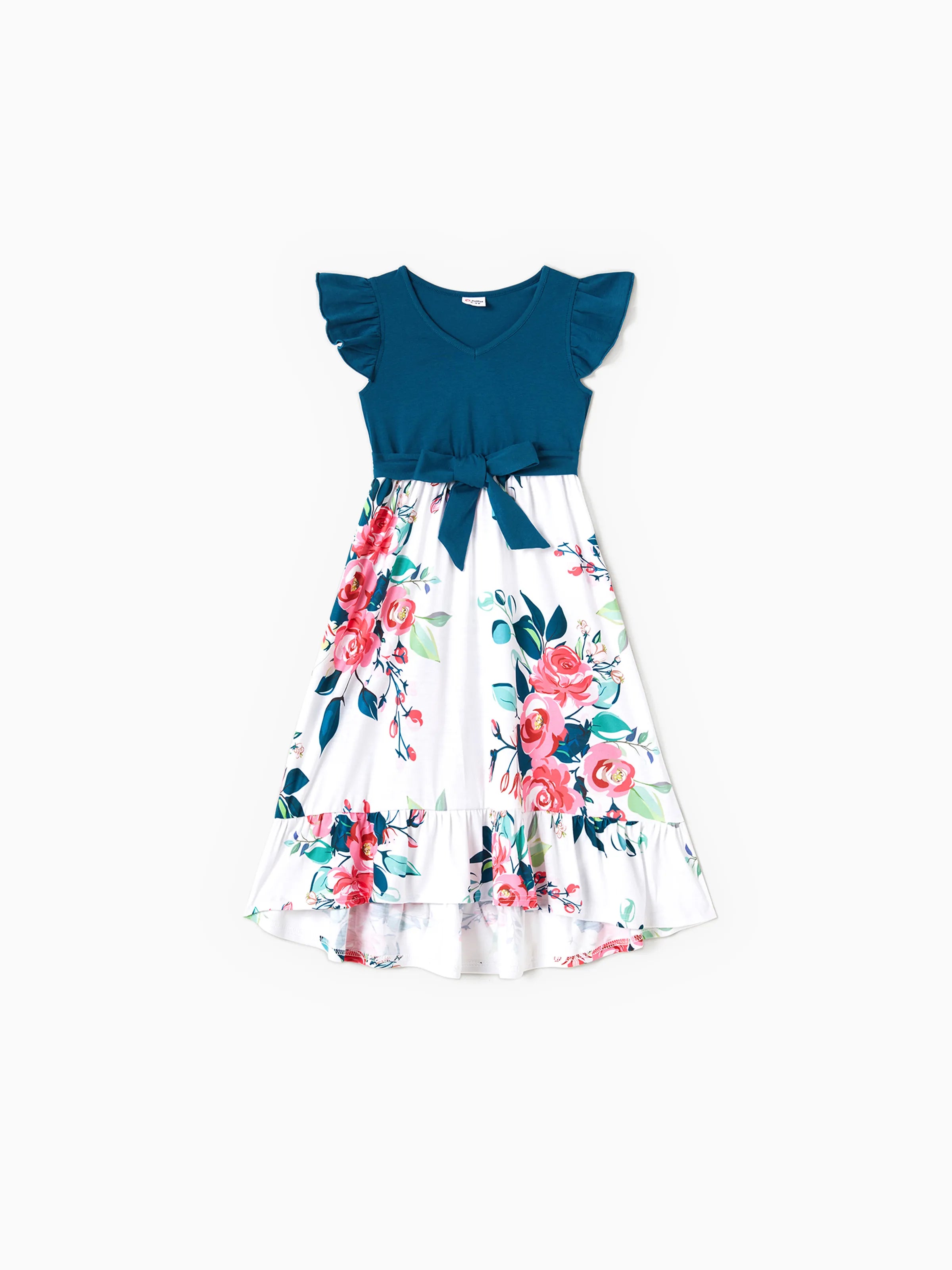 Family Matching Solid V Neck Flutter-sleeve Splicing Floral Print Dresses and Short-sleeve Colorblock T-shirts Sets Azure-