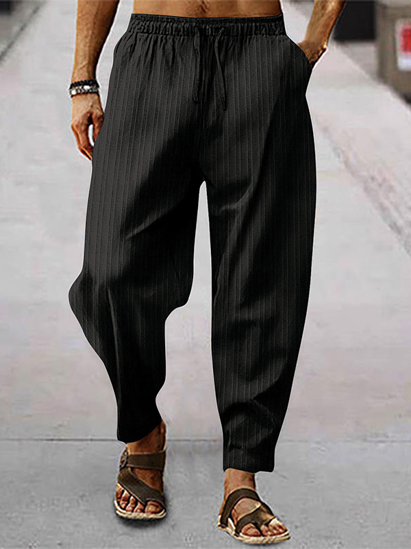 Men's Casual Plain Textured Slant Pocket Elastic Drawstring Waist Cotton Linen Pants