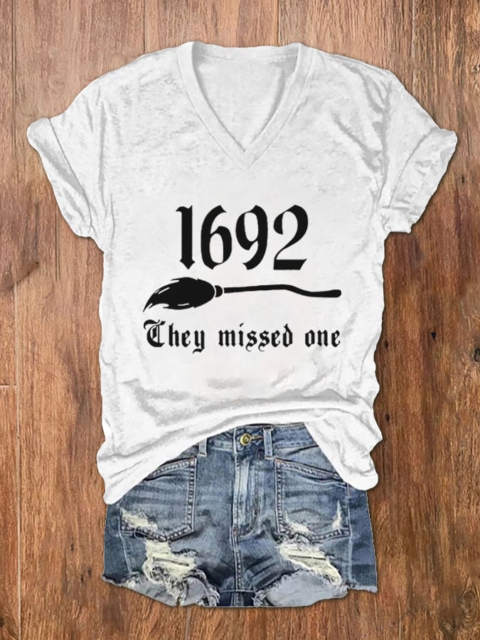 Women's 1692 They Missed One Salem Witch Print V-Neck T-Shirt