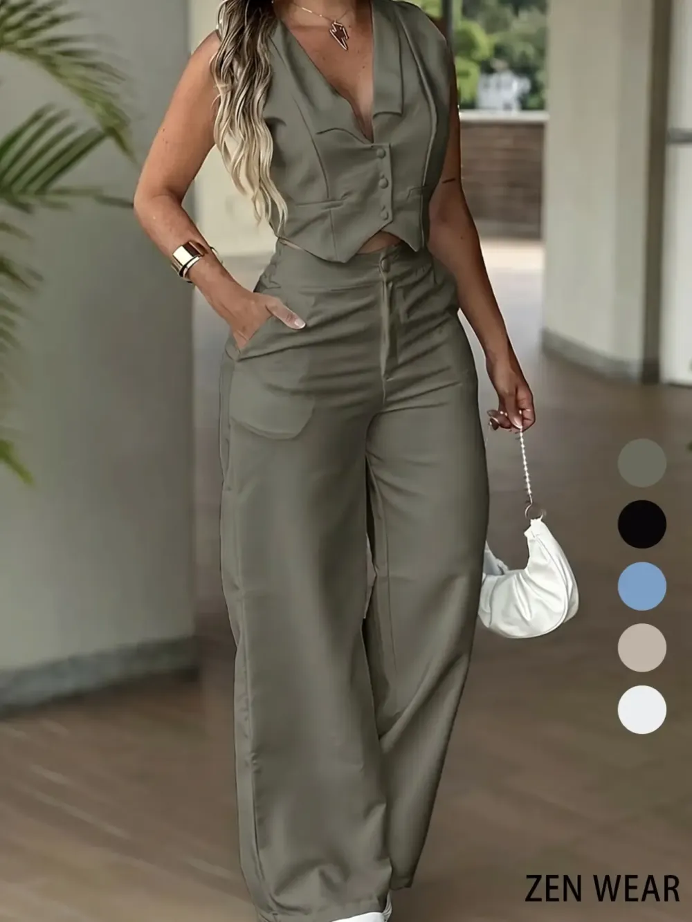 New Women's Pants Set, Sleeveless Waist Cinching Vest Set, Wide Leg Pants