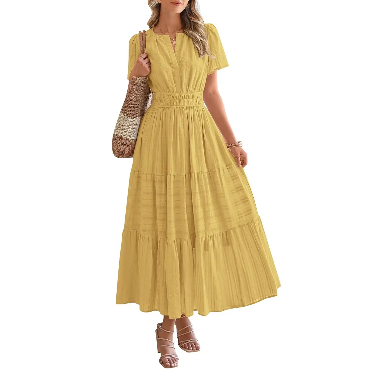 Women's Casual V-Neck Boho Maxi Dress with Pockets