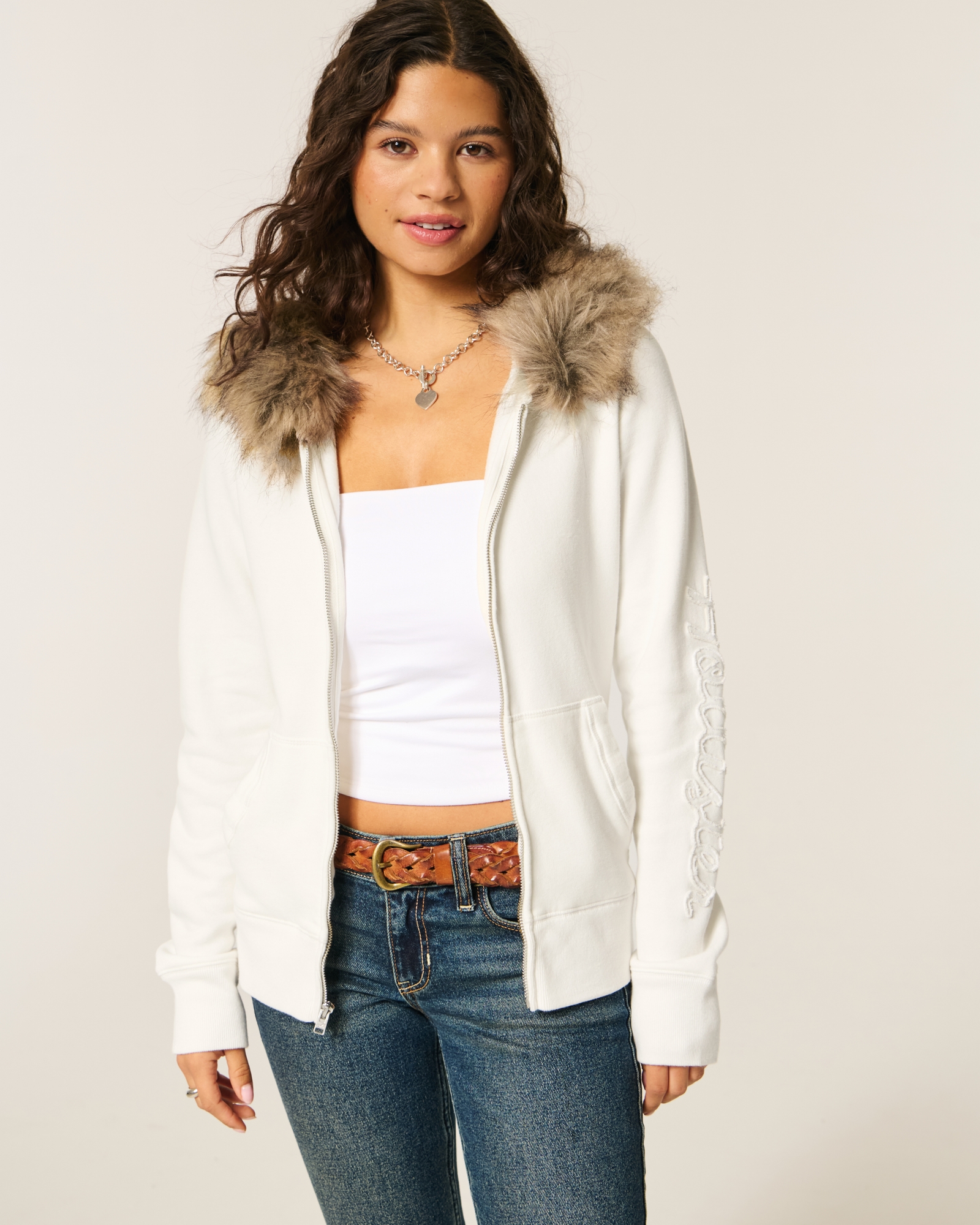 Faux Fur Trim Zip-Up Hoodie