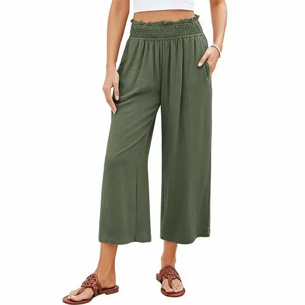 Women's High-Waisted Linen Blend Wide Leg Capri Pants