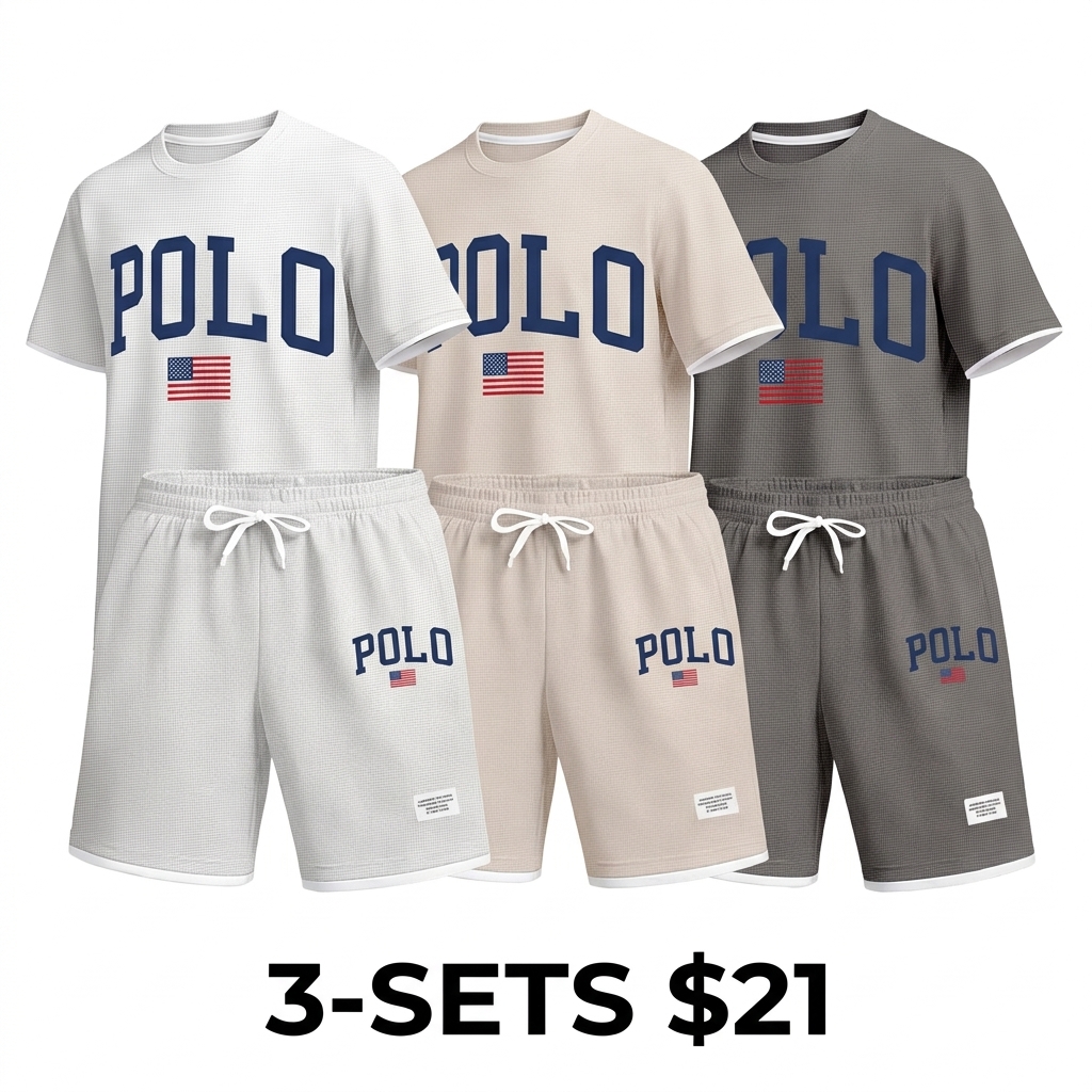 Men's Polo Print 2-Piece Summer Set – Short Sleeve Tee & Drawstring Shorts, Lightweight Waffle Knit