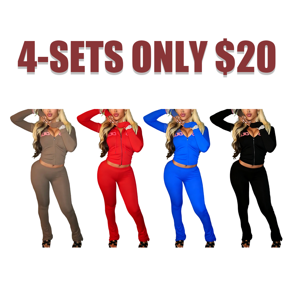 Two-Piece Set Women's Fall Winter Hooded Letter Print Zipper Jacket and Pants Set